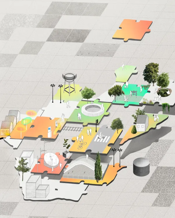 Isometric illustration of an event site with trees and activity spots