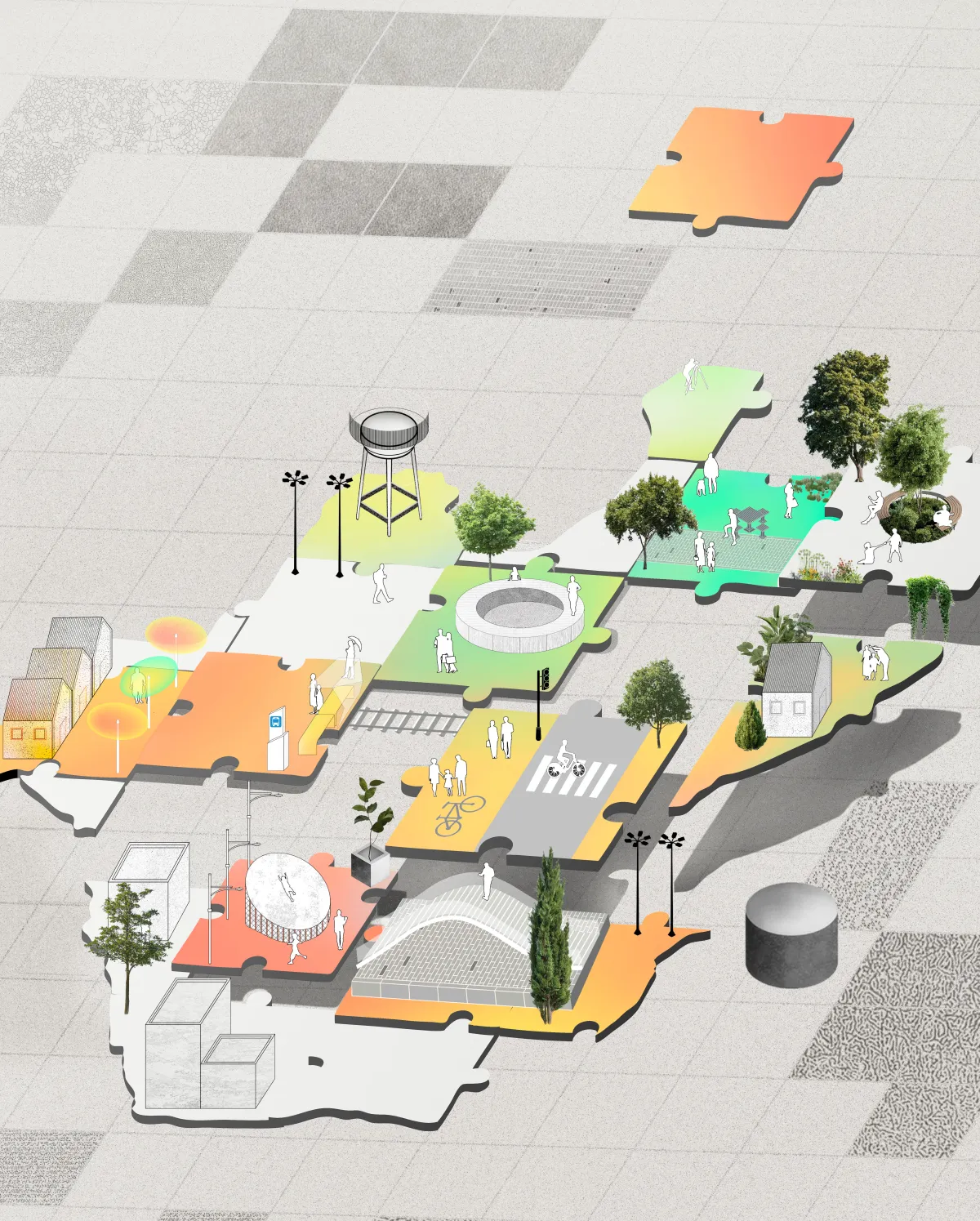 Isometric illustration of an event site with trees and activity spots